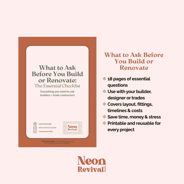 Cover page of the What to Ask Before You Build or Renovate checklist displayed on a beige background, with key features listed beside the digital product
